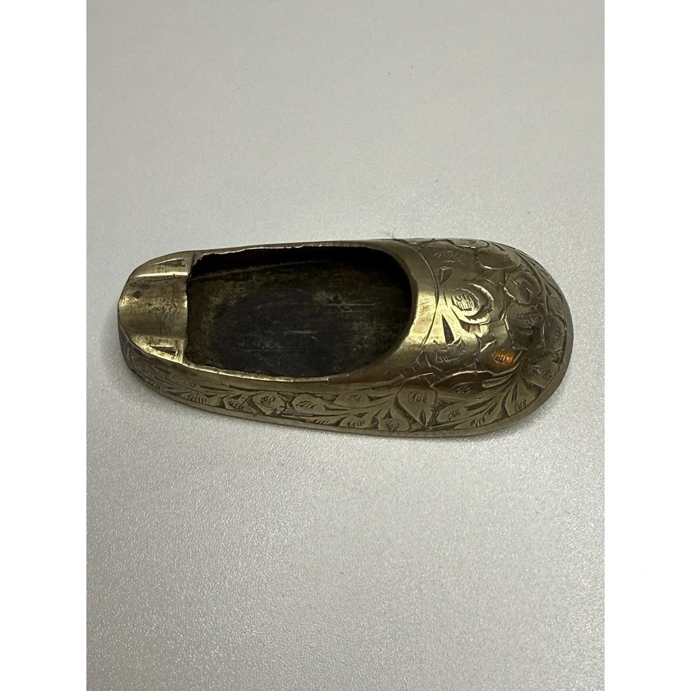 Vintage Brass Slipper Ashtray Etched Floral Design Mini Shoe Trinket Dish